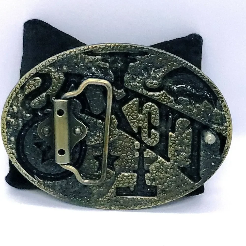 Texas Western Belt Buckle Lone Star Longhorn Armadillo Oil Well Antique Brass